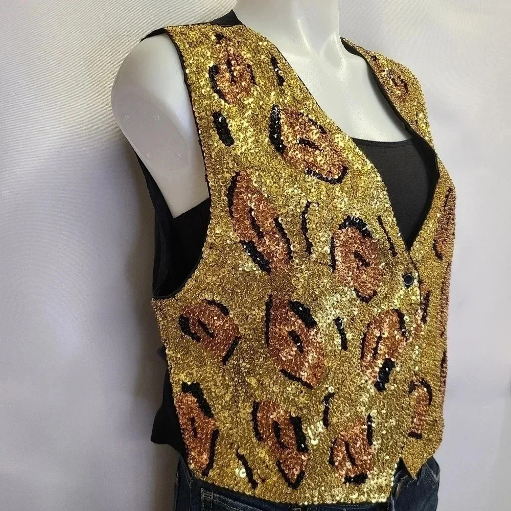 Chantik Vintage Full Sequin Vest Cat Eye Leopard Print Orange Gold Black - Picture 4 of 13
